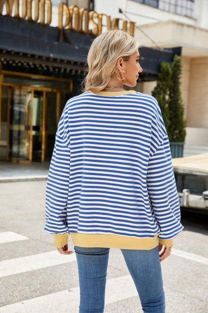 Striped Color-Block Long-Sleeve Top - Multi-Color Casual Women's T-Shirt