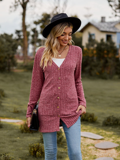 Rib - Knit Cardigan - Multi - Color Long Women's Knitwear