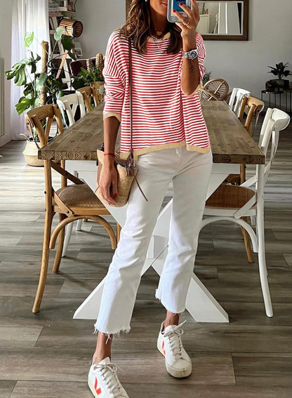 Pinstriped Color-Block Top - Multi-Color Loose-Fit Women's T-Shirt