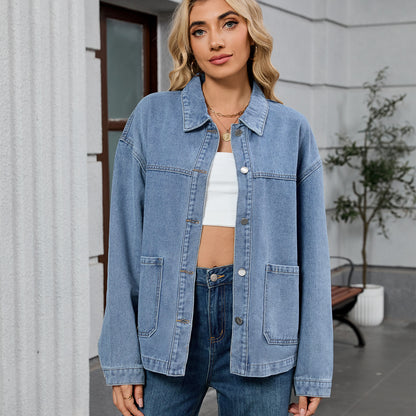 Cargo-Style Denim Outerwear - Women's Loose Multi-Pocket Jacket