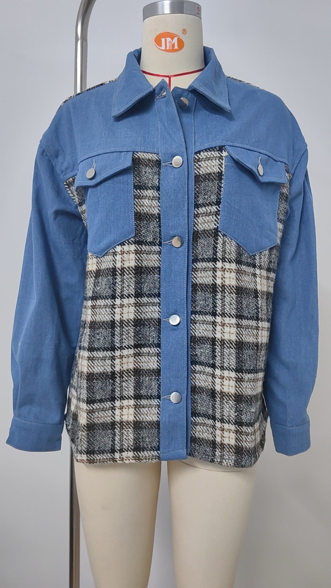 Plaid Patchwork Denim Jacket - Women's Loose Long-Sleeve Outerwear