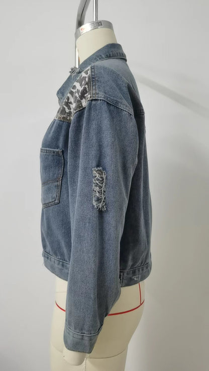 Animal Print Patchwork Denim Jacket - Women's Printed Short Outerwear