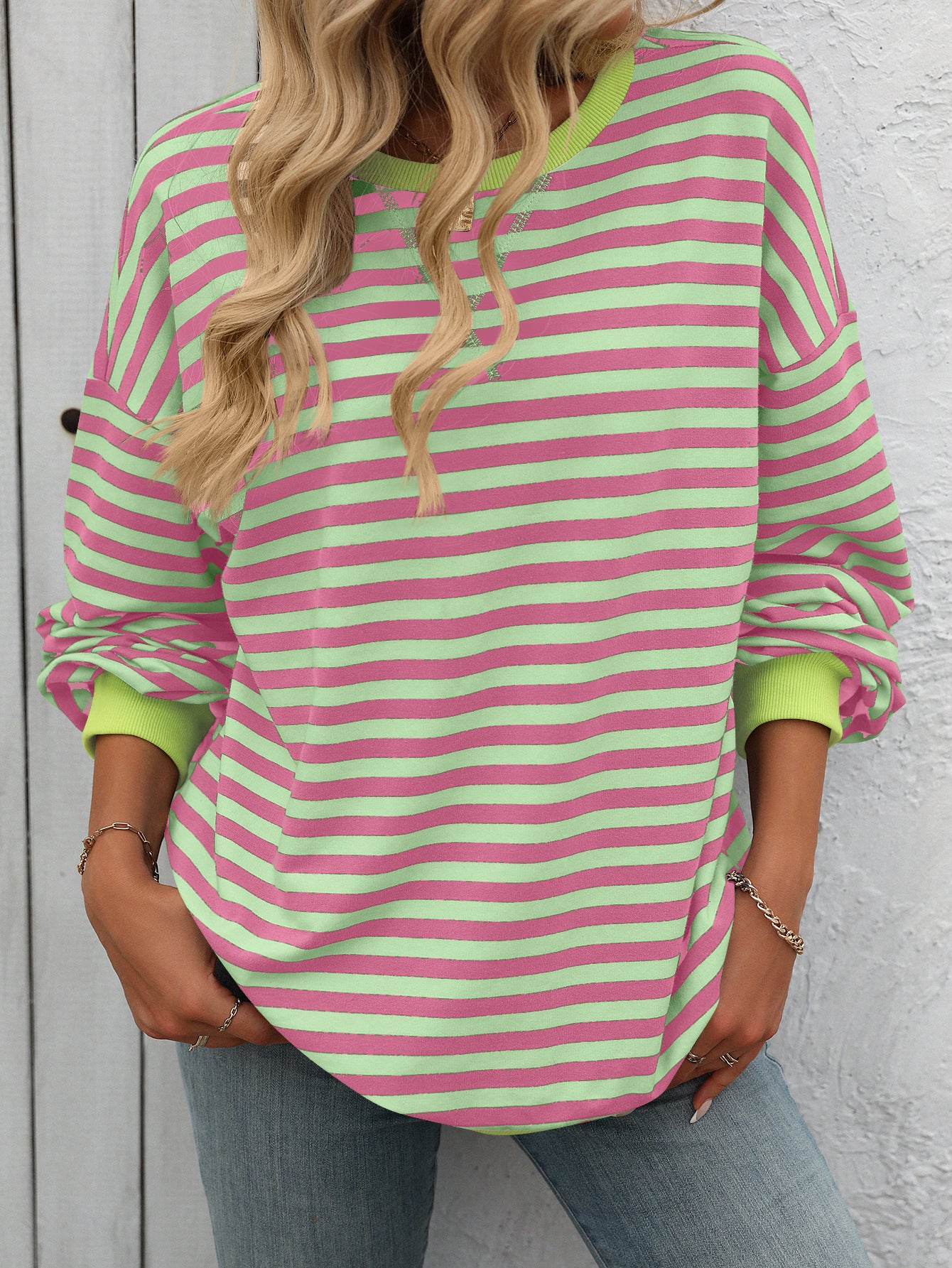 Striped Color-Block Sweatshirt - Multi-Color Loose-Fit Women's T - Shirt
