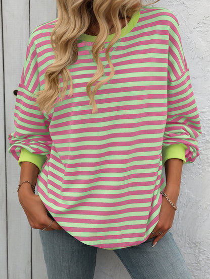 Striped Color-Block Sweatshirt - Multi-Color Loose-Fit Women's T - Shirt