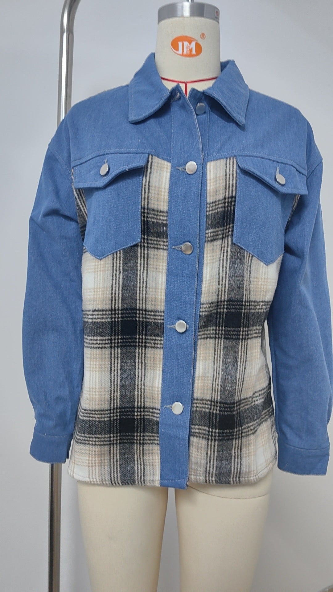 Plaid Patchwork Denim Jacket - Women's Loose Long-Sleeve Outerwear
