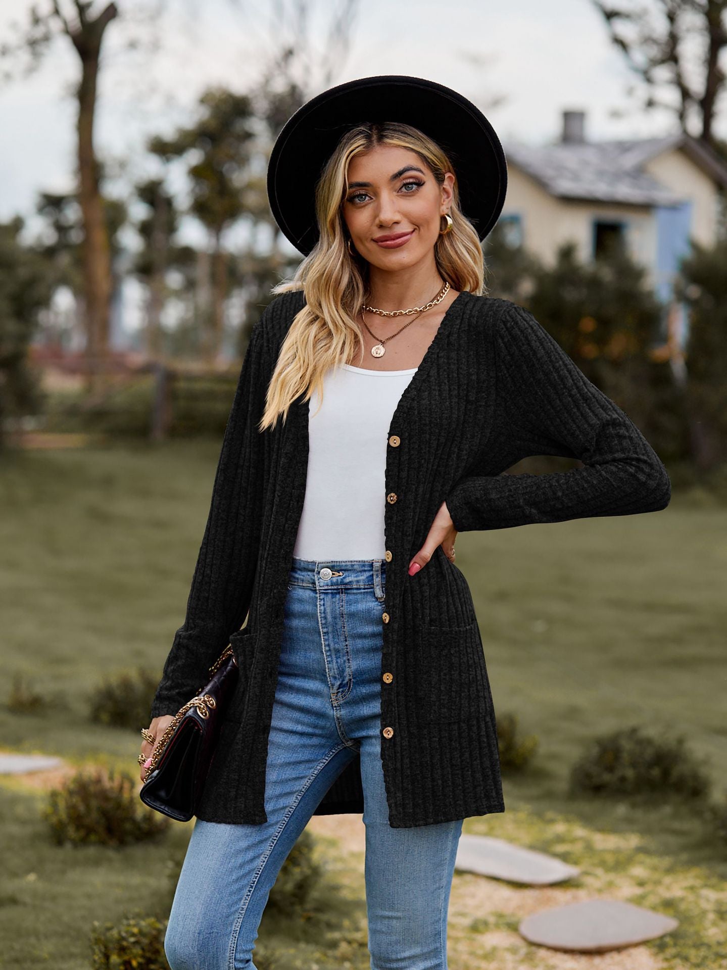 Rib - Knit Cardigan - Multi - Color Long Women's Knitwear