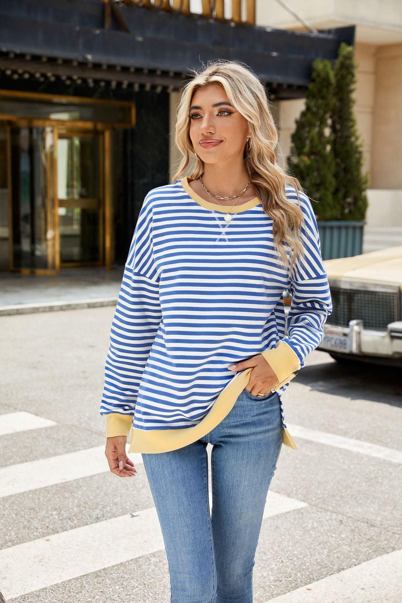 Striped Color-Block Slit Long-Sleeve Top - Multi-Color Casual Women's T-Shirt