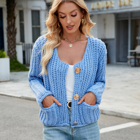 Chunky Knit Cardigan - Short Women's Knitwear with Gold Buttons