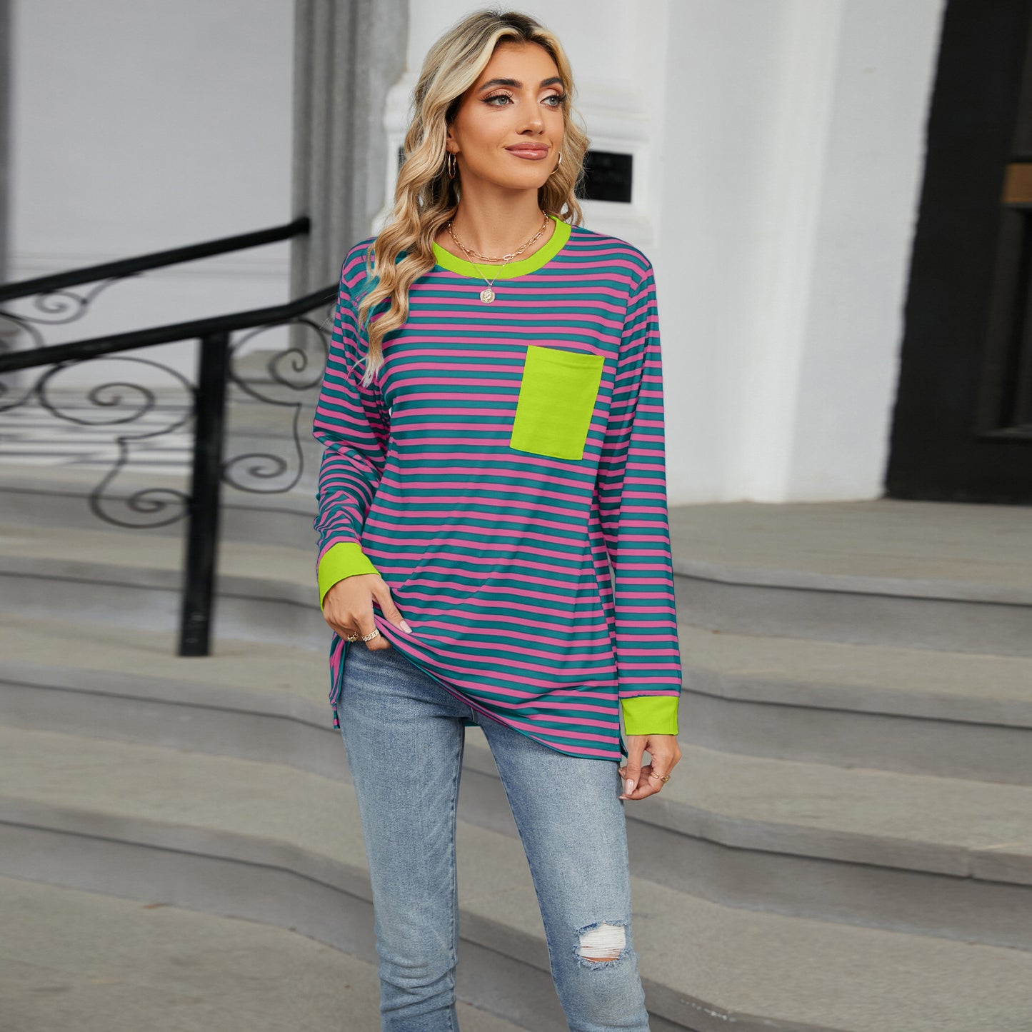 Striped Color-Block Pocket Long-Sleeve Top - Multi-Color Casual Women's T-Shirt