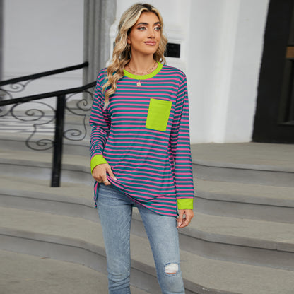 Striped Color-Block Pocket Long-Sleeve Top - Multi-Color Casual Women's T-Shirt