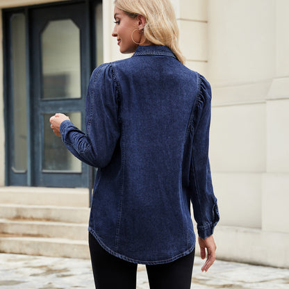 Puff-Sleeve Denim Shirt - Women's Vintage Long-Sleeve Outerwear