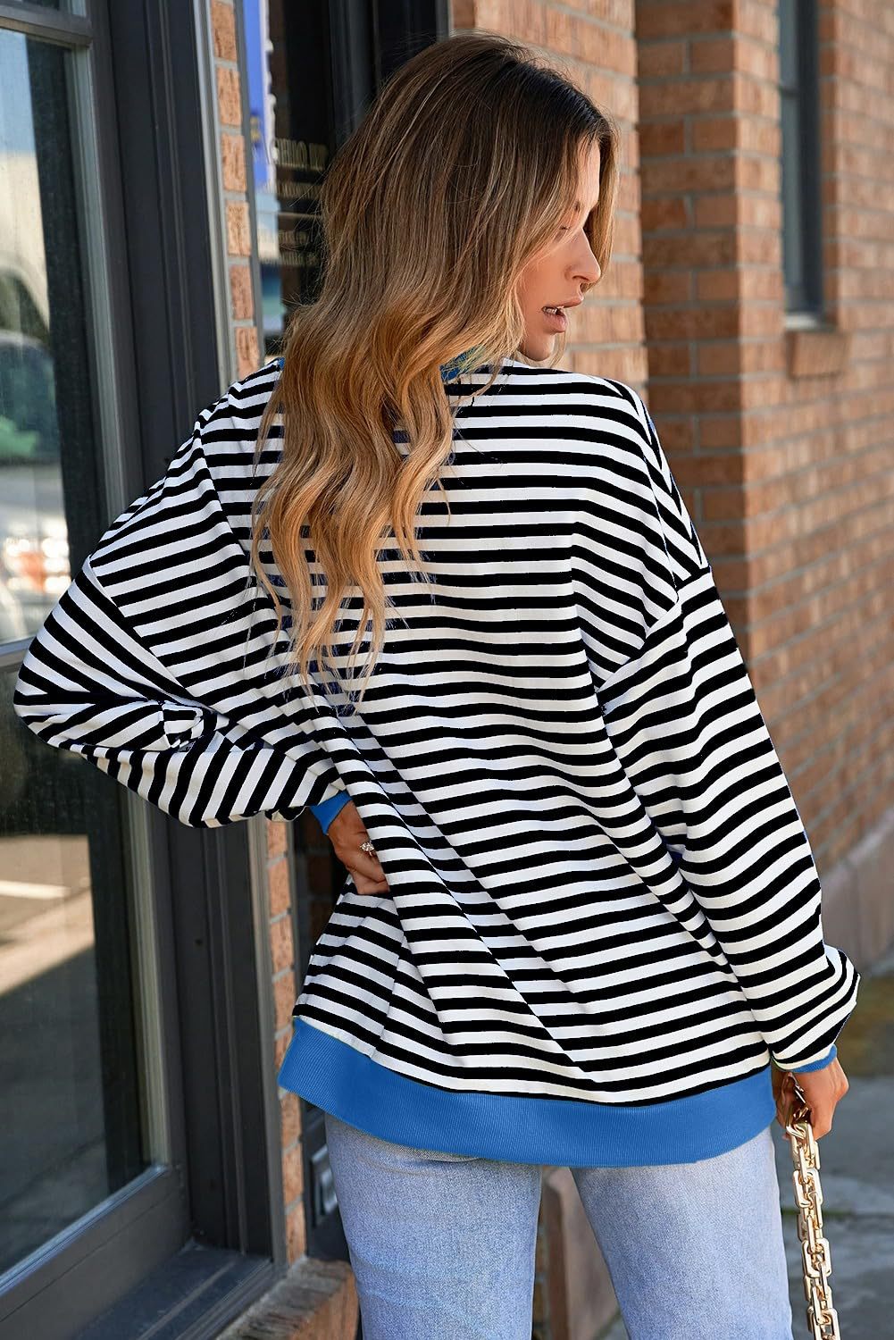 Striped Color-Block Sweatshirt - Multi-Color Loose-Fit Women's T - Shirt
