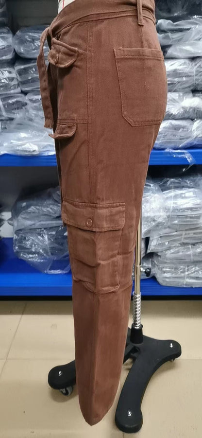 Belted Multi-Pocket Cargo Pant - Women's Loose Straight-Leg Trousers