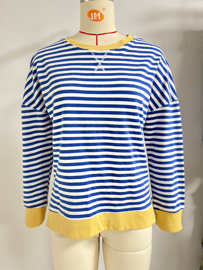 Striped Color-Block Slit Long-Sleeve Top - Multi-Color Casual Women's T-Shirt