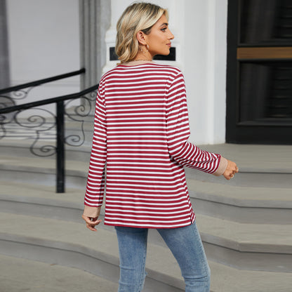 Striped Color-Block Pocket Long-Sleeve Top - Multi-Color Casual Women's T-Shirt