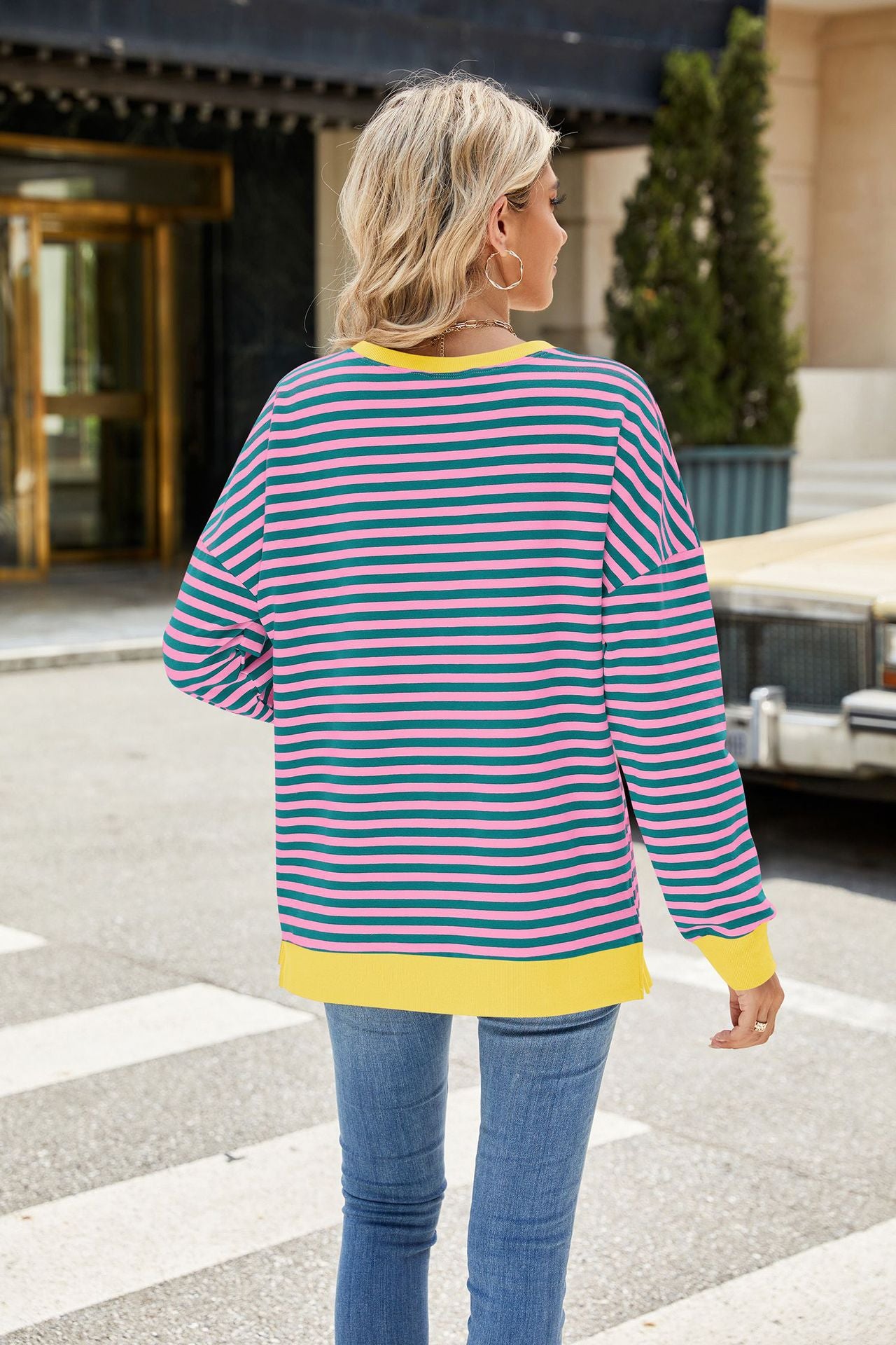 Striped Color-Block Slit Long-Sleeve Top - Multi-Color Casual Women's T-Shirt
