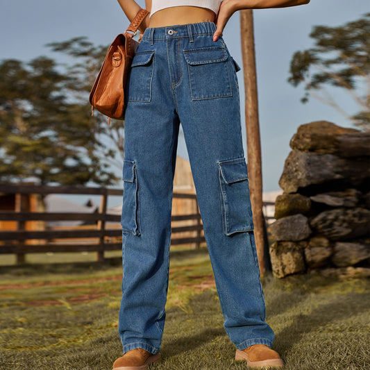 Multi - Pocket Cargo Denim Pant - Loose Straight Women's Trousers