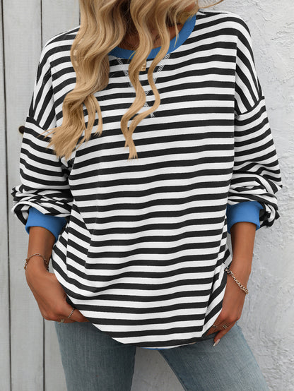 Striped Color-Block Sweatshirt - Multi-Color Loose-Fit Women's T - Shirt