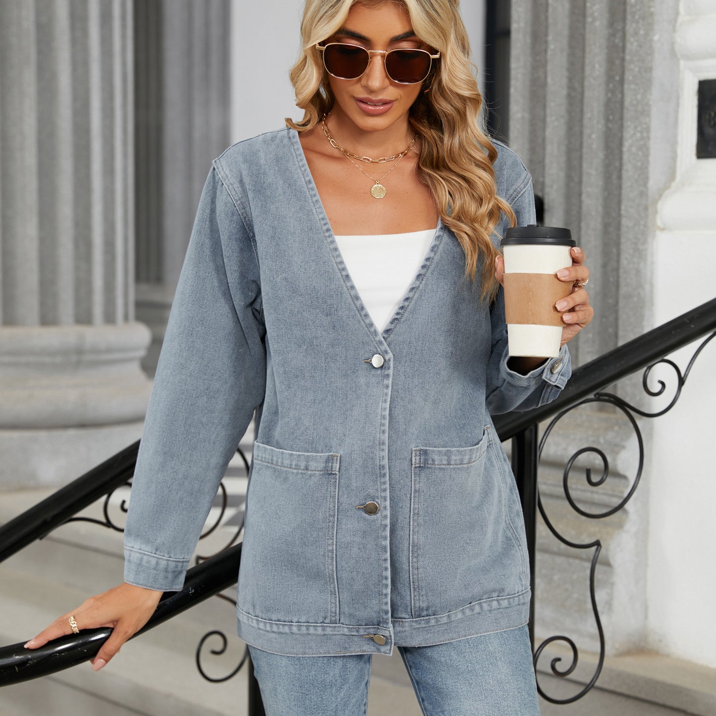 Denim Blazer - Multi-Color Buttonless Women's Outerwear