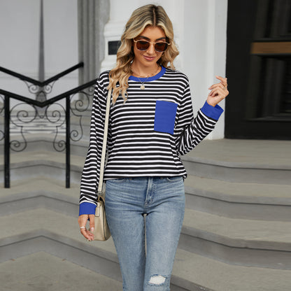 Striped Color-Block Pocket Long-Sleeve Top - Multi-Color Casual Women's T-Shirt