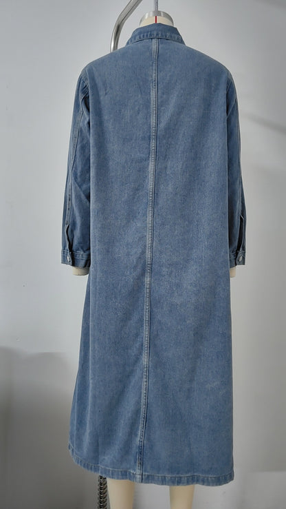 Classic Long Denim Jacket - Women's Loose Trench-Coat Style outerwear