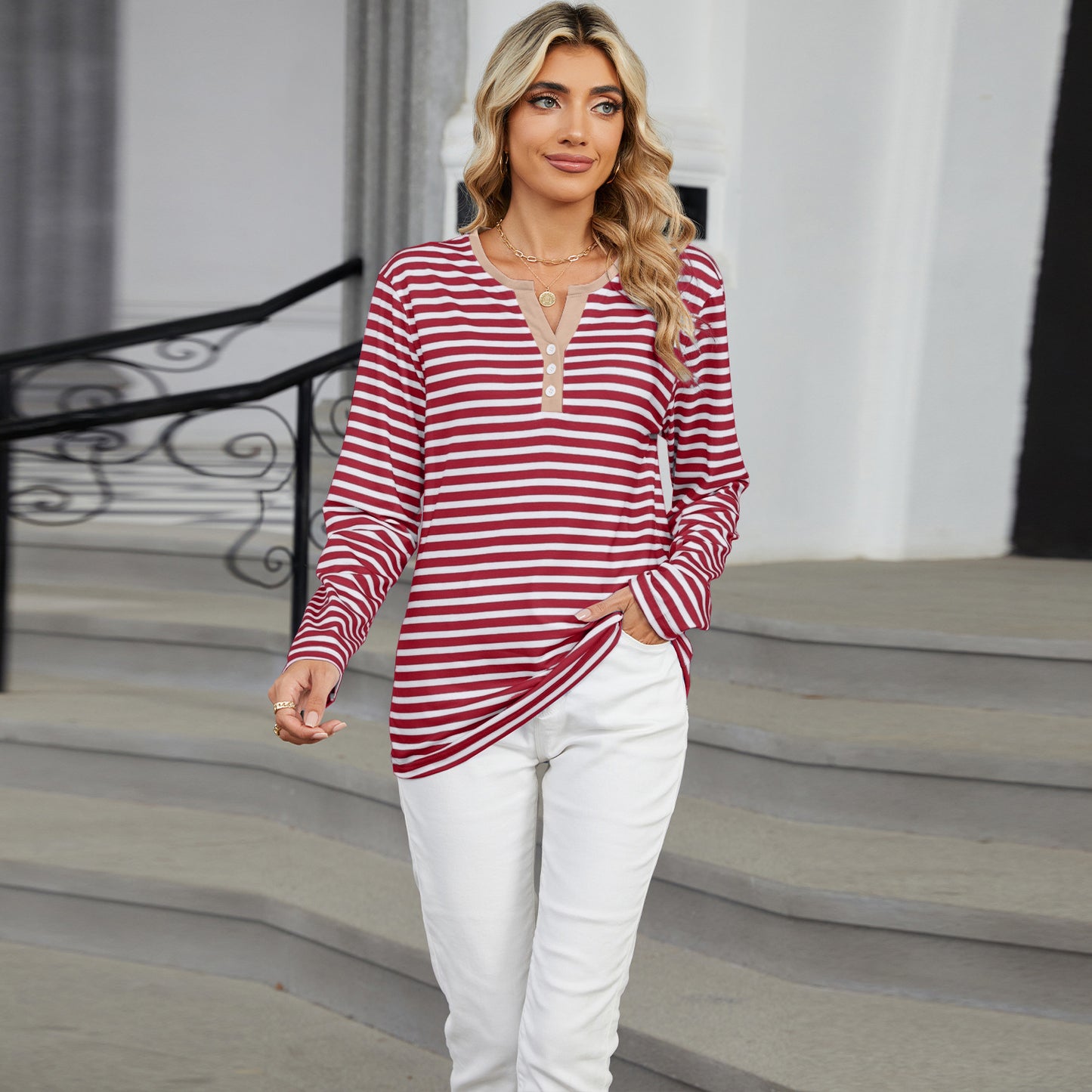 Striped Color-Block V-Neck Long-Sleeve Top - Multi-Color Button Women's T-Shirt