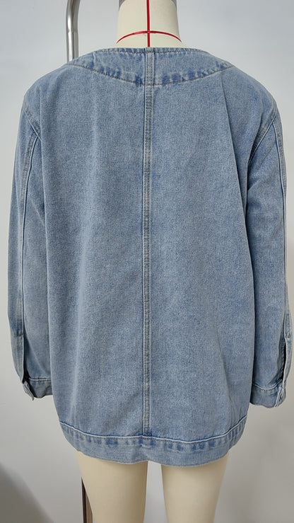 Denim Blazer - Multi-Color Buttonless Women's Outerwear