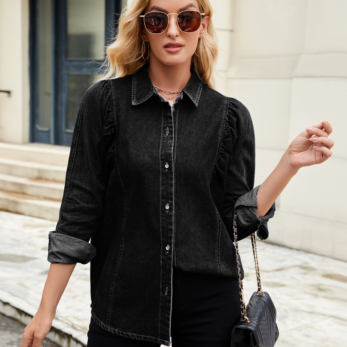 Puff-Sleeve Denim Shirt - Women's Vintage Long-Sleeve Outerwear