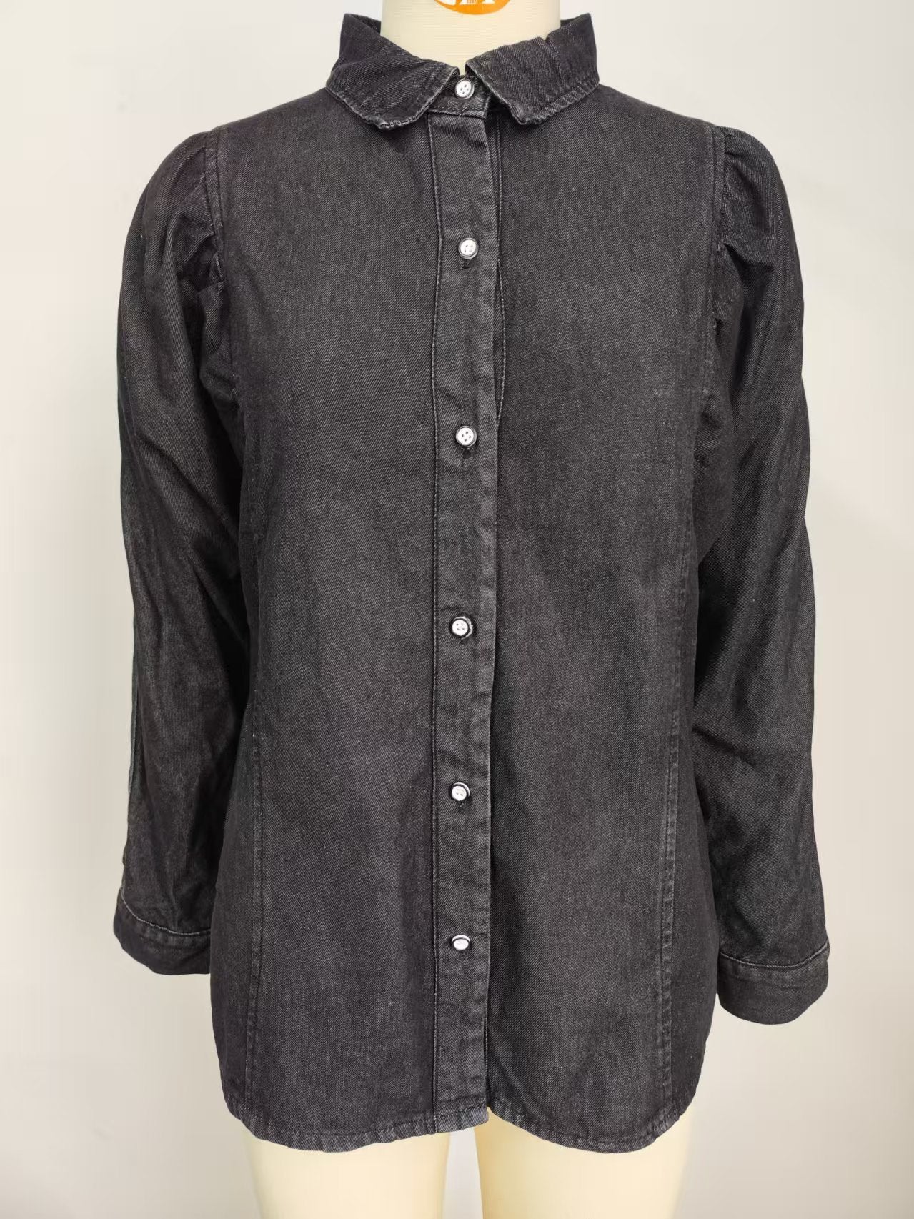 Puff-Sleeve Denim Shirt - Women's Vintage Long-Sleeve Outerwear