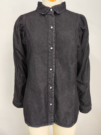 Puff-Sleeve Denim Shirt - Women's Vintage Long-Sleeve Outerwear