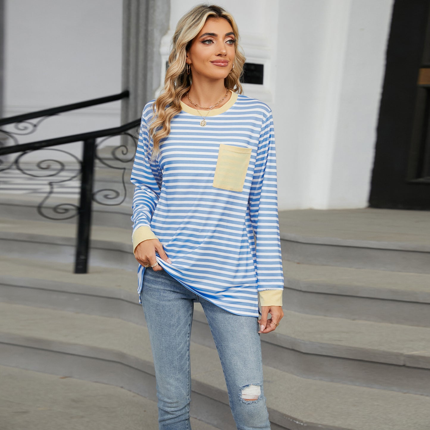 Striped Color-Block Pocket Long-Sleeve Top - Multi-Color Casual Women's T-Shirt
