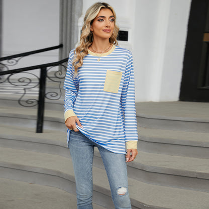 Striped Color-Block Pocket Long-Sleeve Top - Multi-Color Casual Women's T-Shirt