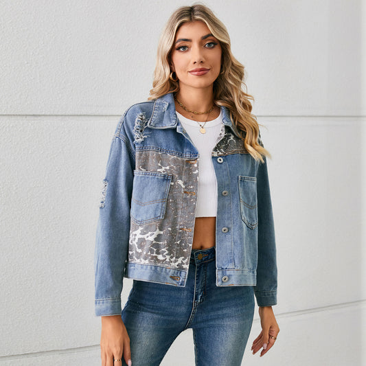 Animal Print Patchwork Denim Jacket - Women's Printed Short Outerwear
