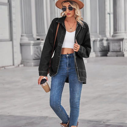 Square-Pocket Cargo Denim Jacket - Loose Women's Outerwear