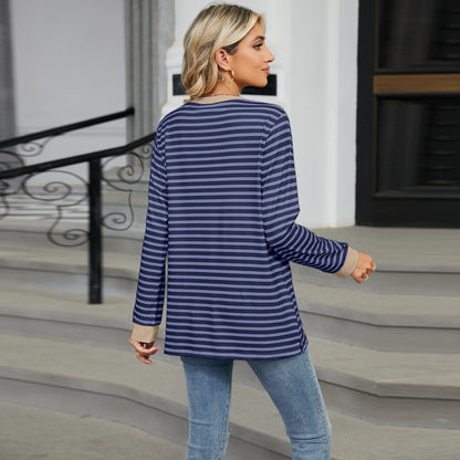 Striped Color-Block Pocket Long-Sleeve Top - Multi-Color Casual Women's T-Shirt