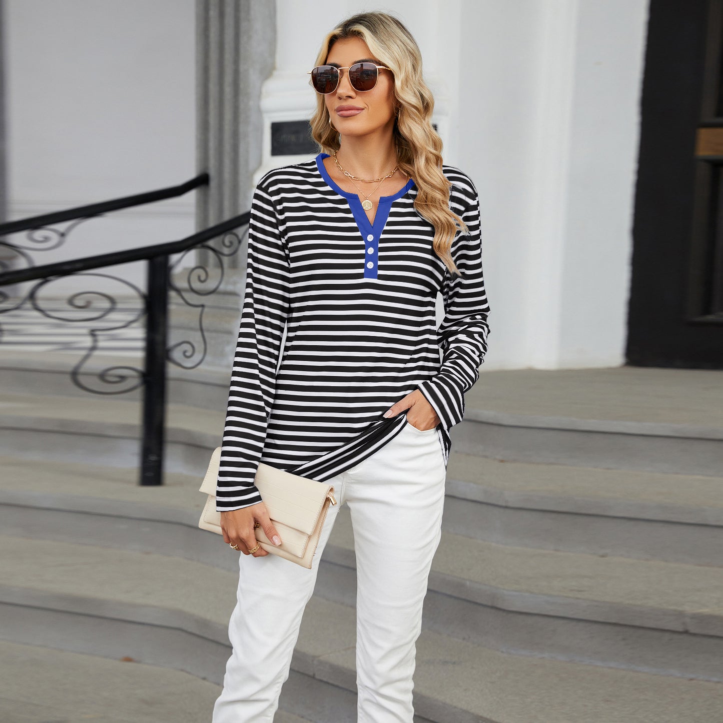 Striped Color-Block V-Neck Long-Sleeve Top - Multi-Color Button Women's T-Shirt