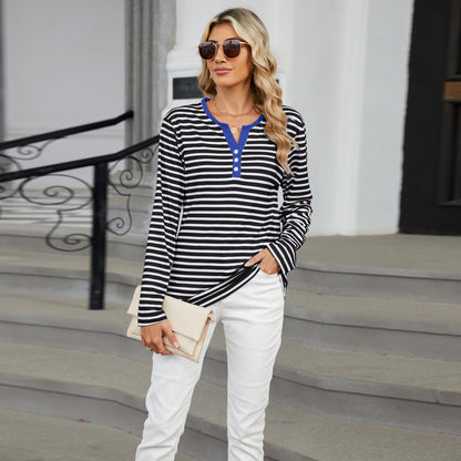 Striped Color-Block V-Neck Long-Sleeve Top - Multi-Color Button Women's T-Shirt