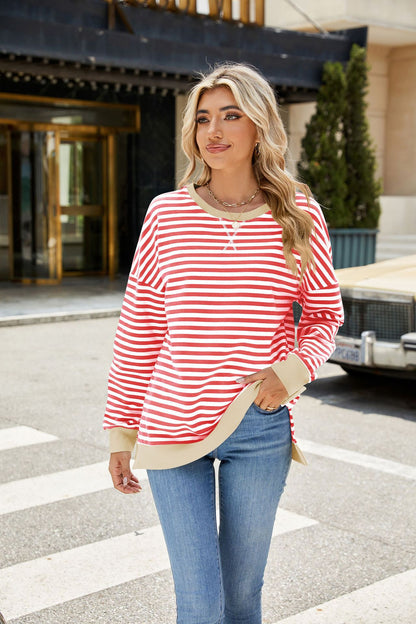 Striped Color-Block Slit Long-Sleeve Top - Multi-Color Casual Women's T-Shirt