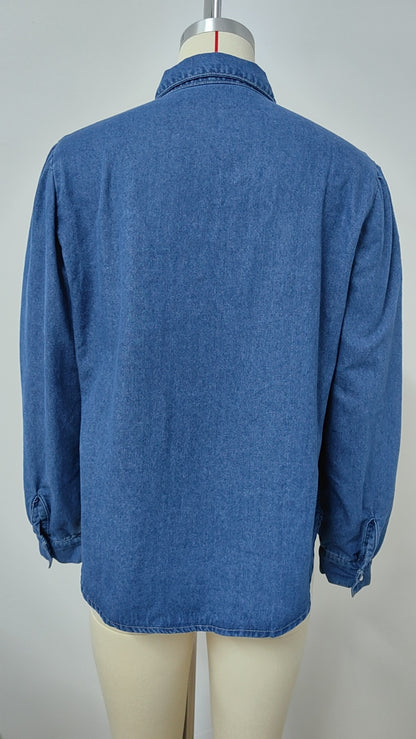 Vintage Pleated Denim Shirt - Women's Loose Long-Sleeve Outerwear