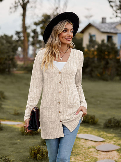 Rib - Knit Cardigan - Multi - Color Long Women's Knitwear