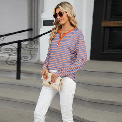 Striped Color-Block V-Neck Long-Sleeve Top - Multi-Color Button Women's T-Shirt