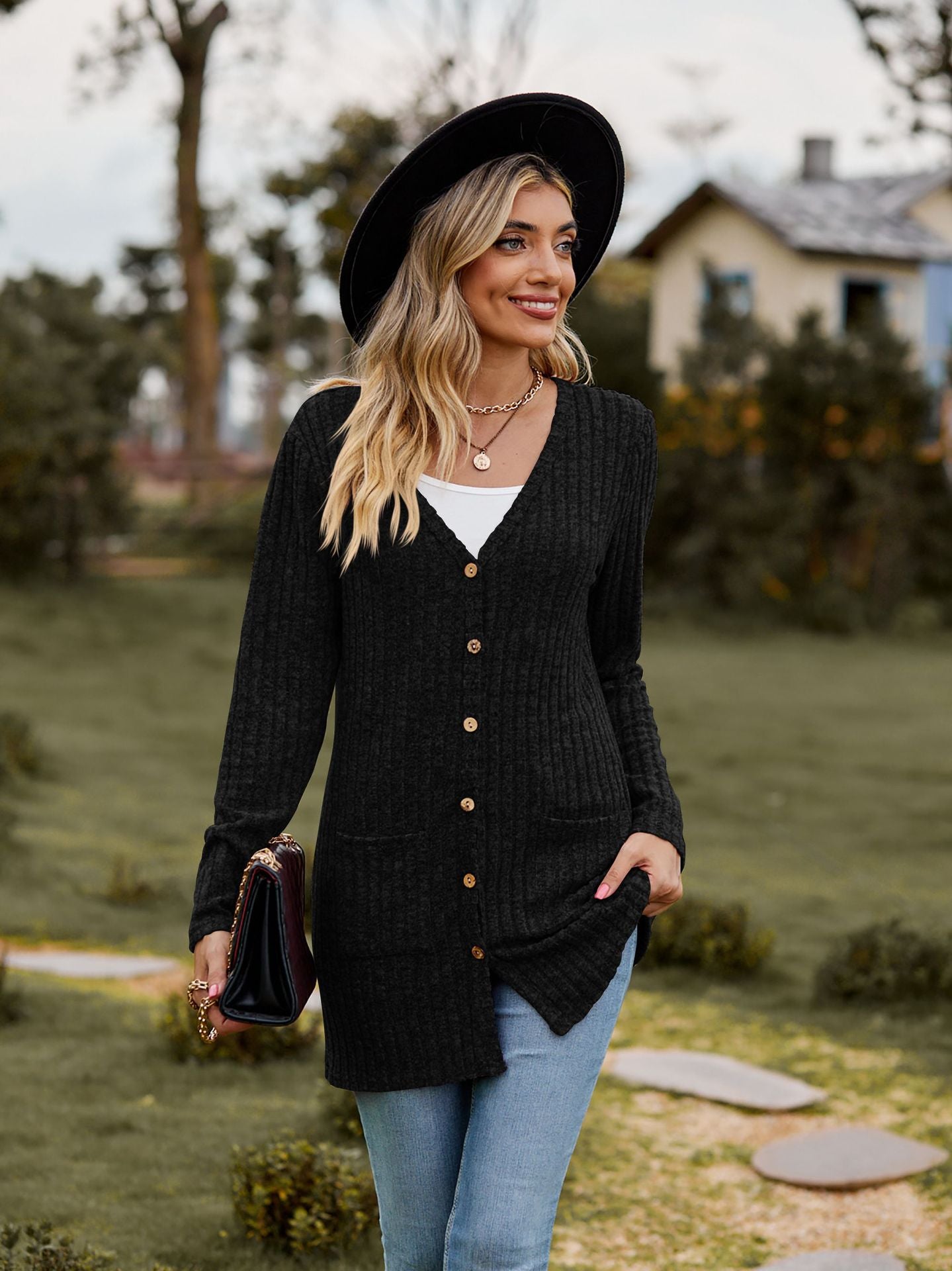Rib - Knit Cardigan - Multi - Color Long Women's Knitwear