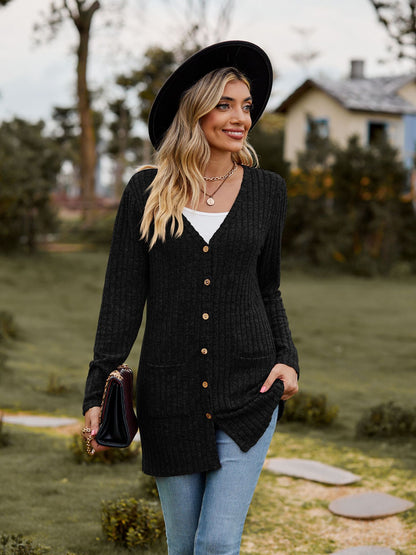 Rib - Knit Cardigan - Multi - Color Long Women's Knitwear