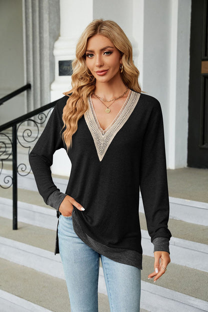 Lace-Embellished V-Neck Top - Multi-Colored Long-Sleeve Women's T-Shirt