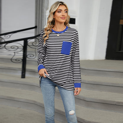 Striped Color-Block Pocket Long-Sleeve Top - Multi-Color Casual Women's T-Shirt