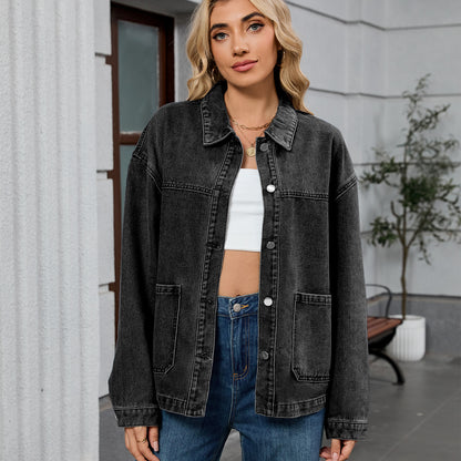 Cargo-Style Denim Outerwear - Women's Loose Multi-Pocket Jacket