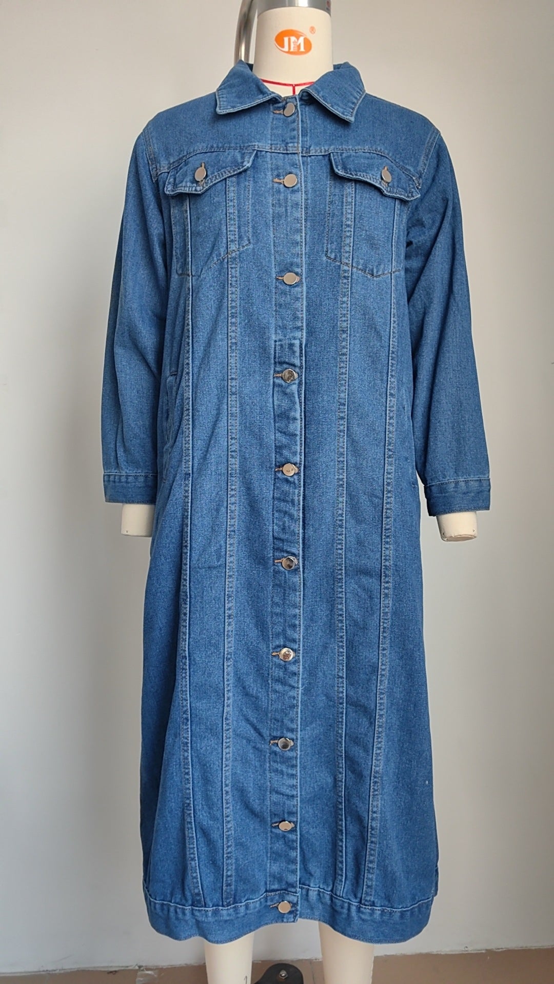 Classic Long Denim Coat - Blue Trench-Style Women's Outerwear
