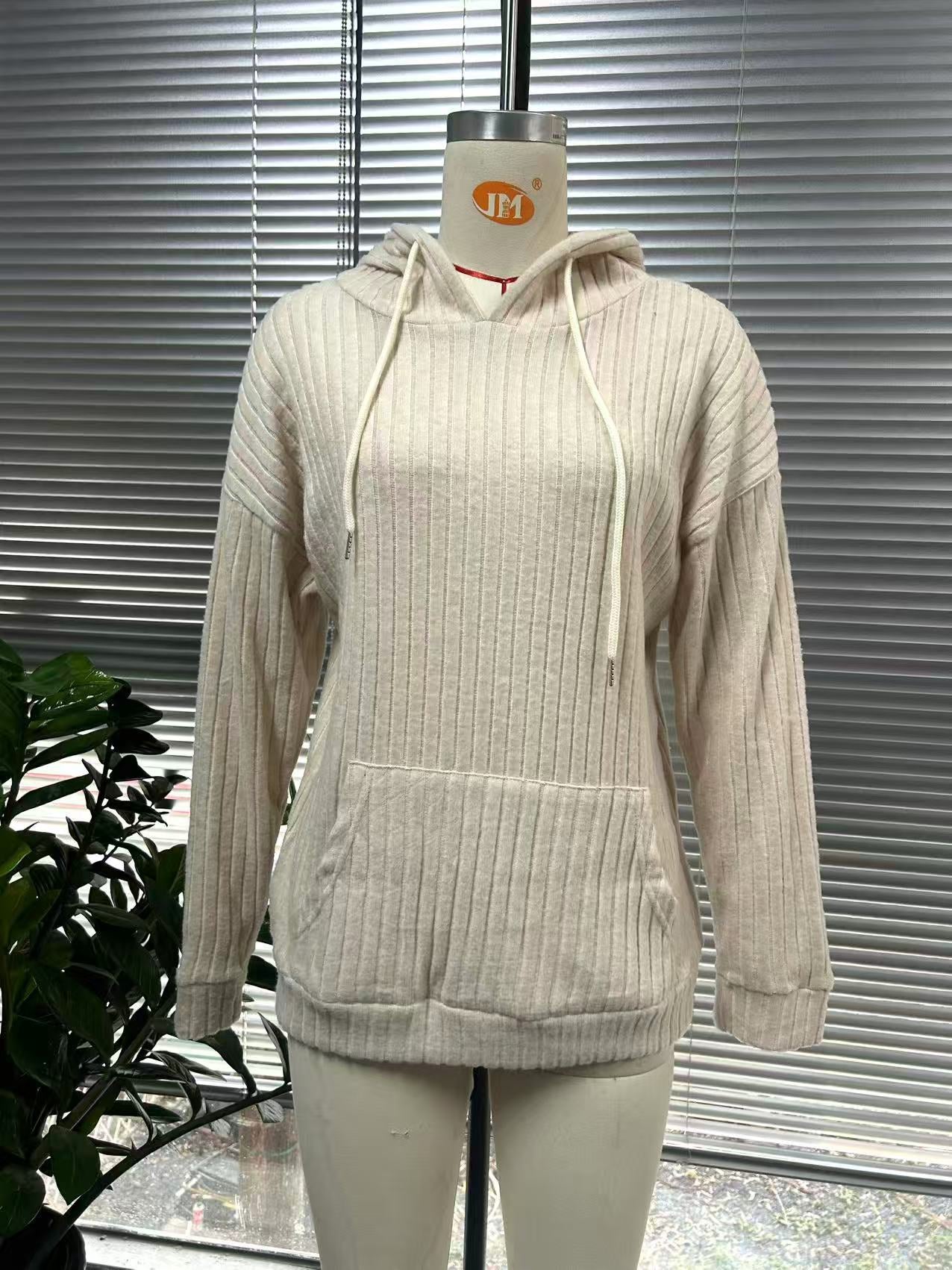 Rib - Knit Hoodie - Multi - Color Casual Women's Top（Sweatshirt）