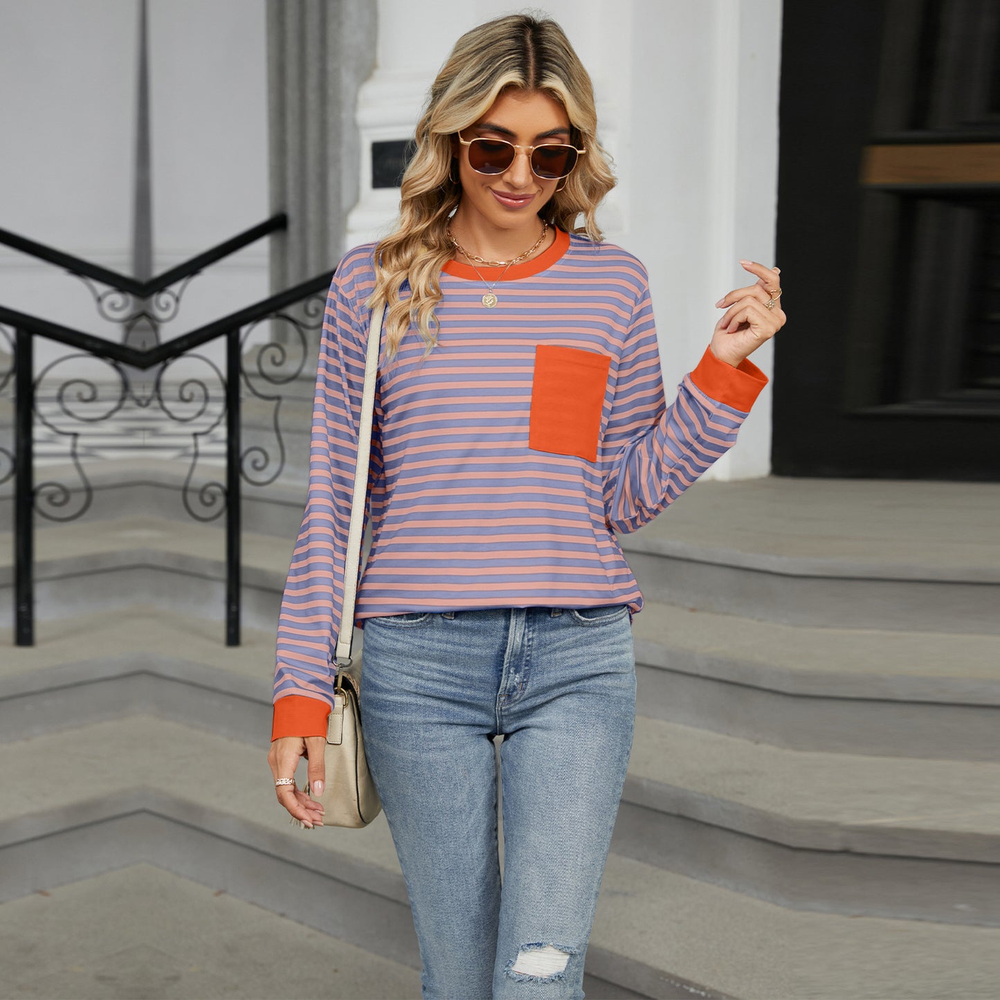 Striped Color-Block Pocket Long-Sleeve Top - Multi-Color Casual Women's T-Shirt