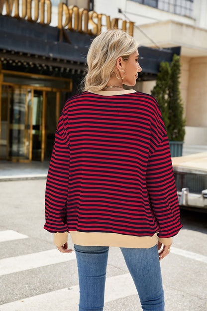 Striped Color-Block Long-Sleeve Top - Multi-Color Casual Women's T-Shirt